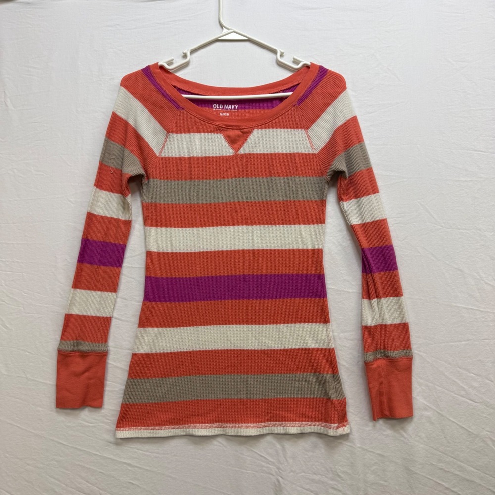 Old Navy Womens Striped Thermal Waffle Knit Long Sleeve Top Orange Y2K Size M